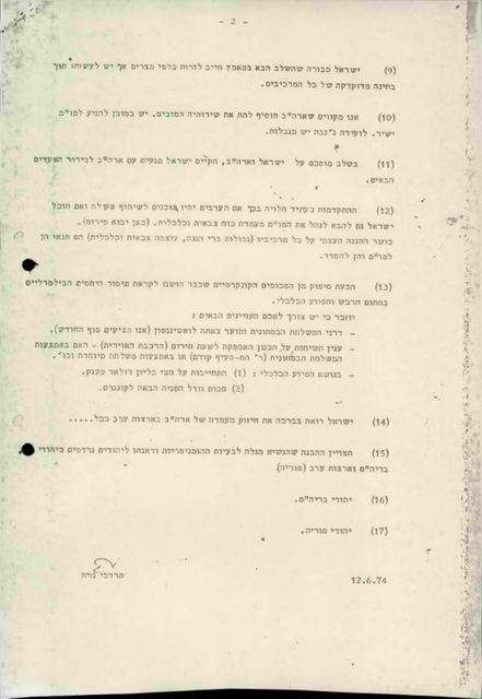 דף מודפס ובו סעיפים 9 עד 17, ובתחתיתו השם המודפס מרדכי גזית, סימן בכתב יד מעליו, והתאריך 12.6.74